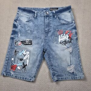 Southpole Mens Slim Denim Jean Shorts Sz 30 Graffiti Patch Distressed Acid Wash